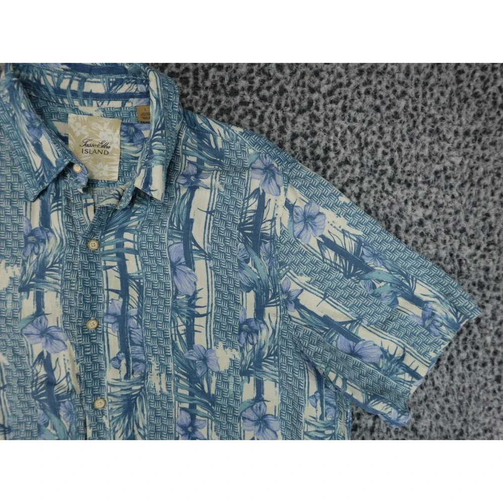 Tasso Elba Island Shirt Mens Large Blue‎ Excellent Silk Linen Tropical Floral